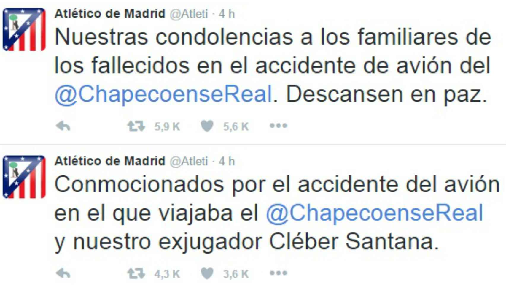 Tuits de la cuenta de Twitter del Atlético de Madrid.