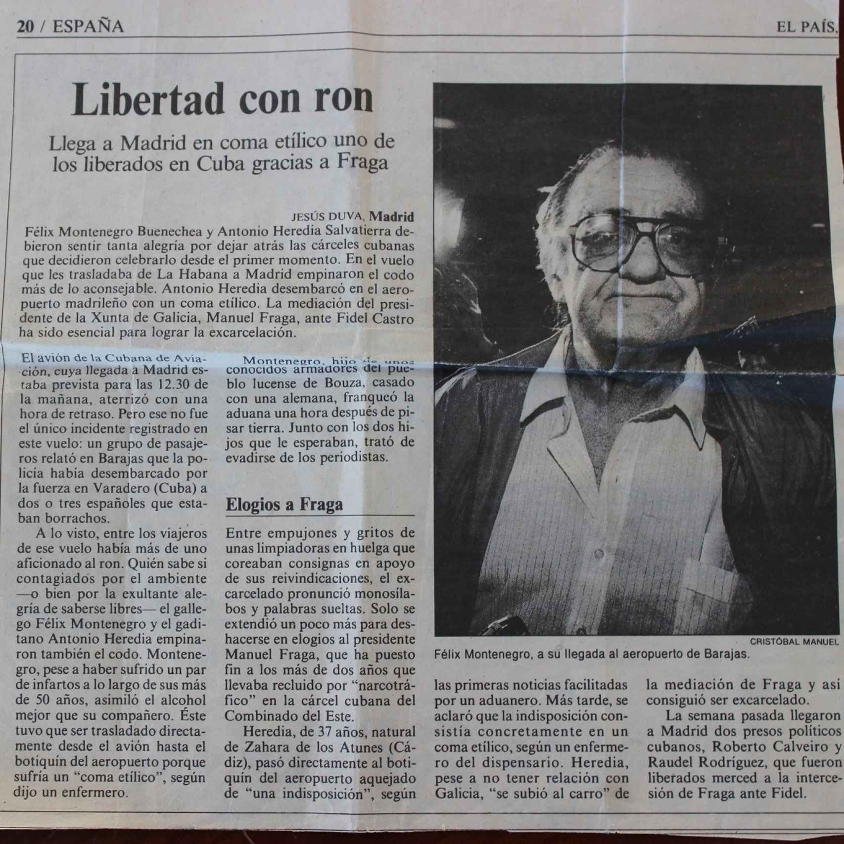 El diario El País se hizo eco del coma etílico de Antonio Heredia en su viaje de vuelta a España