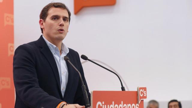 El presidente de Ciudadanos, Albert Rivera, este lunes en la sede de su partido.