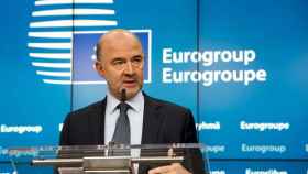 El comisario Moscovici, durante la rueda de prensa final del Eurogrupo