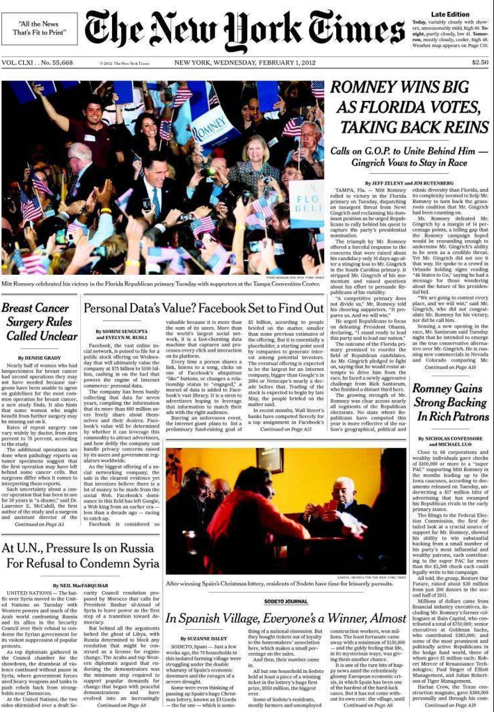 The New York Times llevó a portada la noticia de Sodeto el 1 de febrero de 2012.