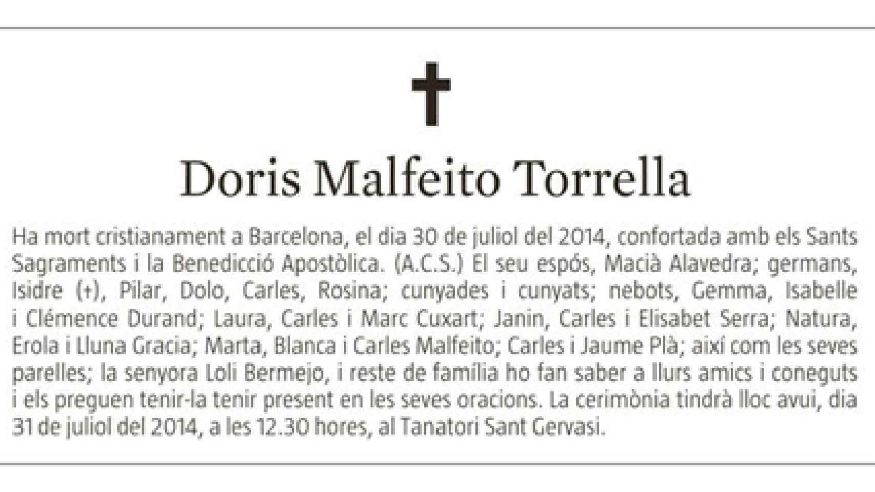 La esquela que publicó La Vanguardia por la muerte de Doris Malfeito