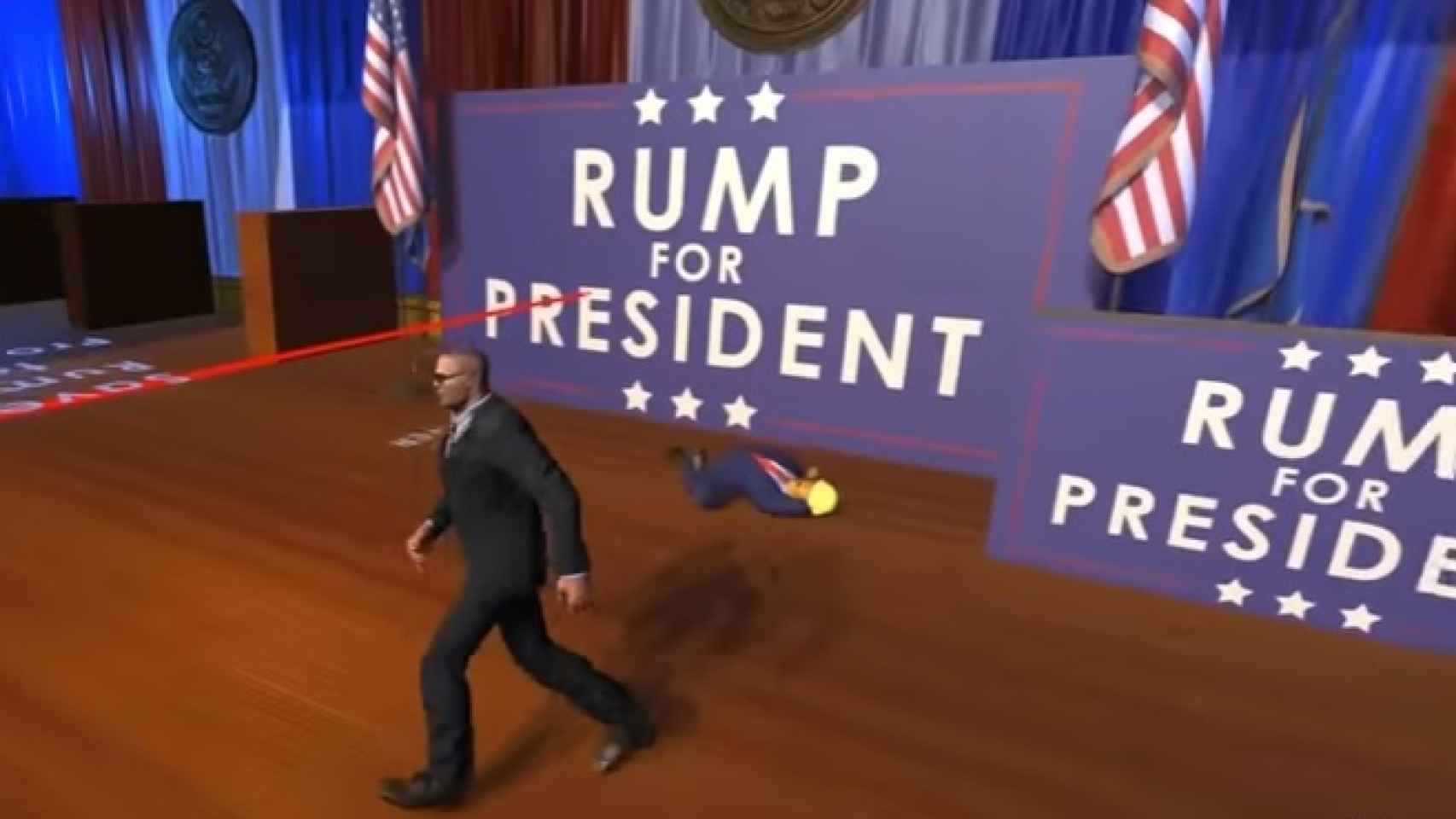 En el juego hay que saltar frente al presidente para recibir el disparo que atenta contra él.