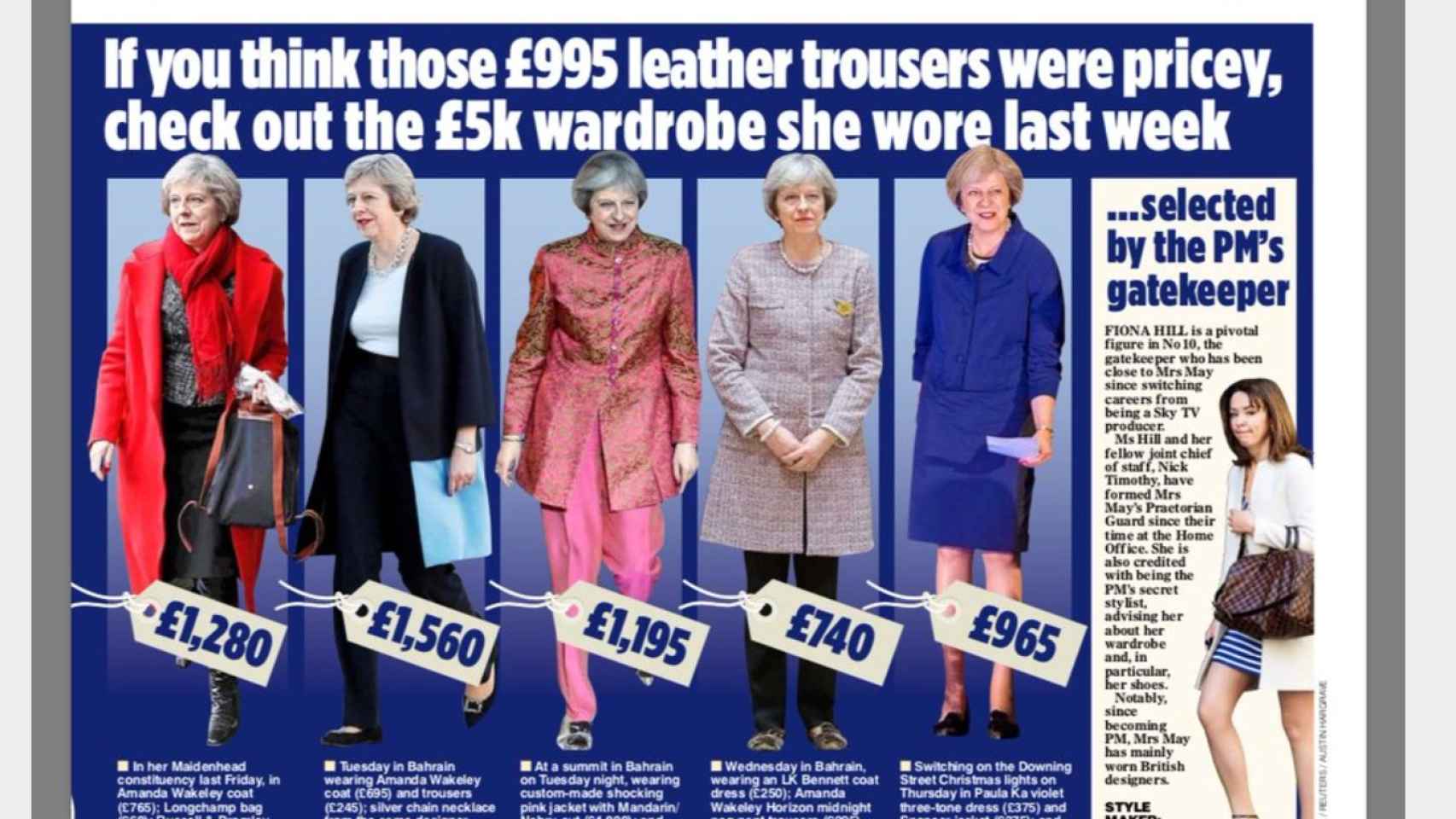 Fotomontaje en The Sunday Times sobre la pasión de May por la ropa de lujo