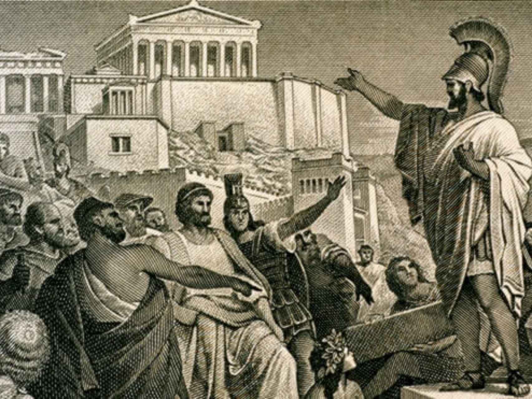 Grabado de Pericles dirigiéndose a los atenienses.