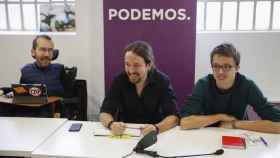 Pablo Echenique, Pablo Iglesias e Íñigo Errejón, este sábado en Madrid.