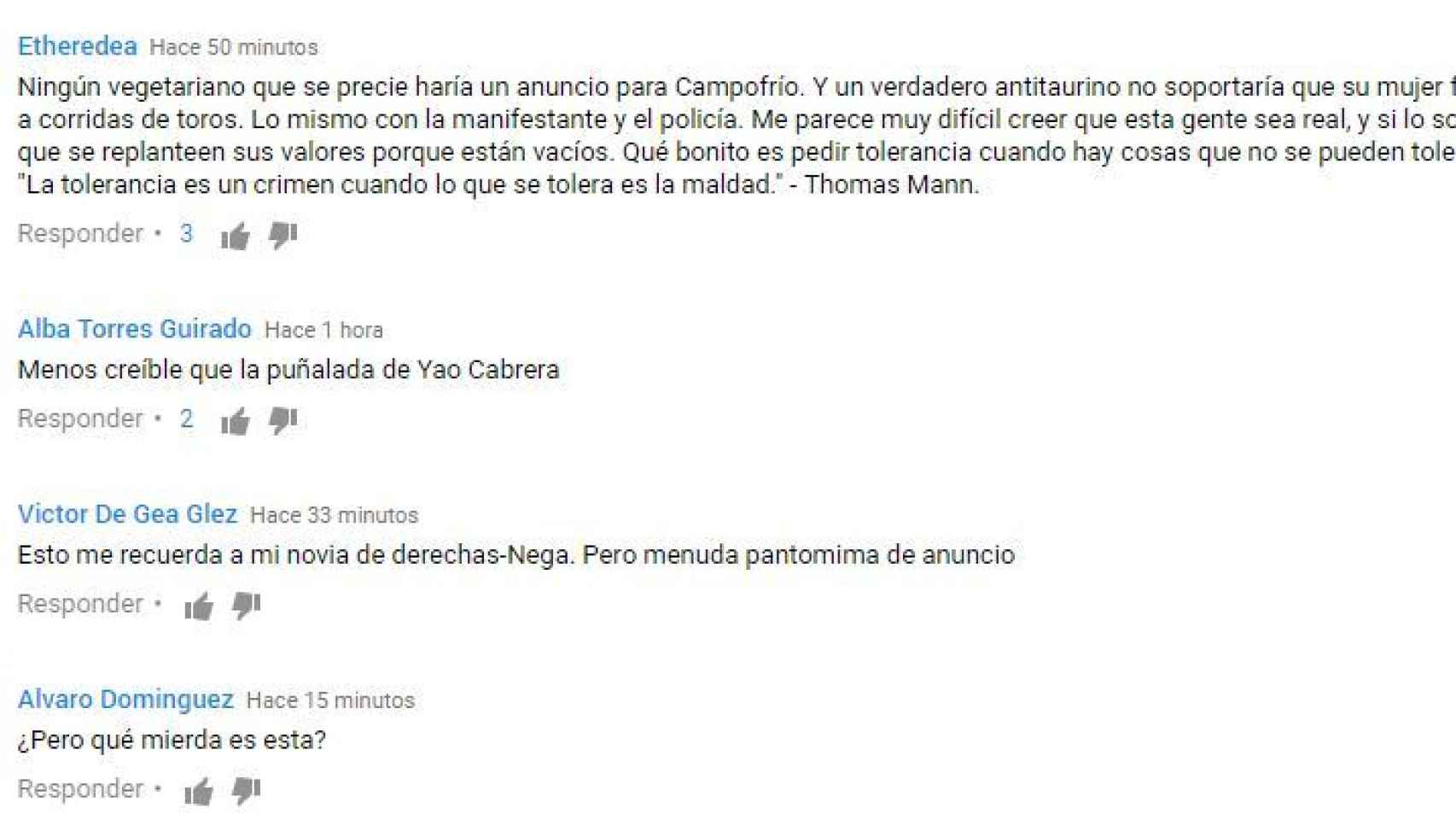 Comentarios críticos en la página de Youtube de Campofrío.