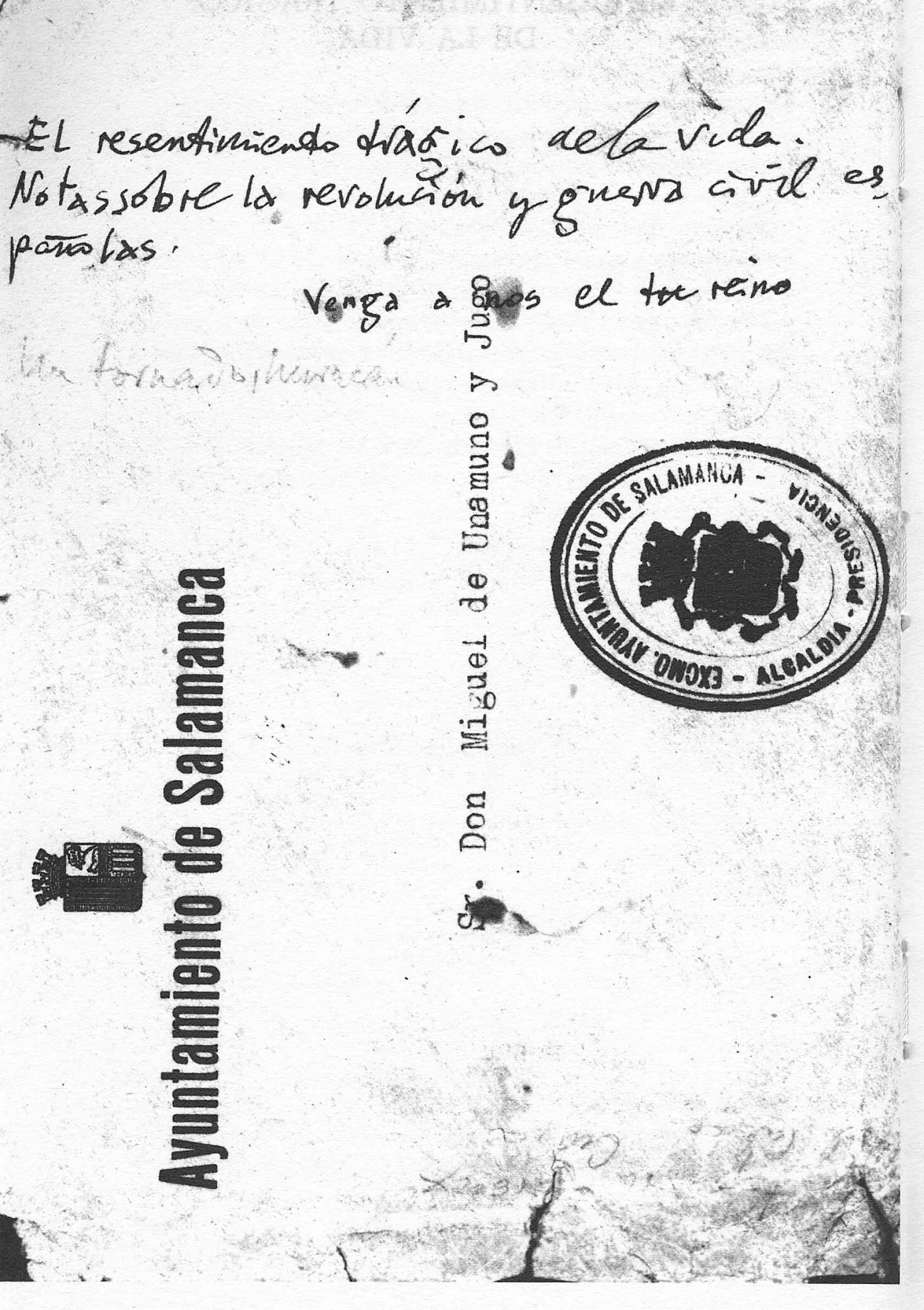 Manuscrito con el título de su libro El resentimiento trágico de la vida, en una carta de la Casa Museo de Unamuno.