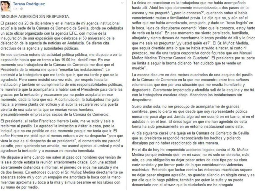 La declaración en Facebook de Teresa Rodríguez.