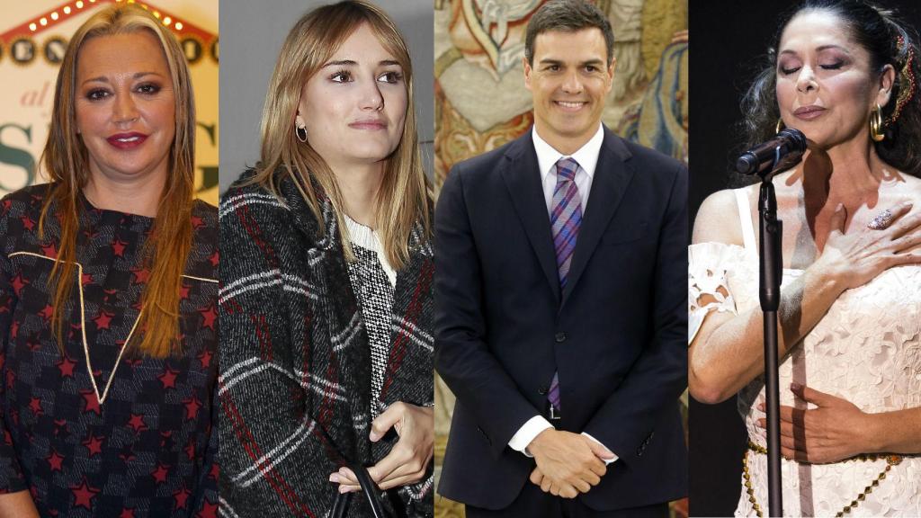 Alba Carrillo (izqda), Pedro Sánchez e Isabel Pantoja