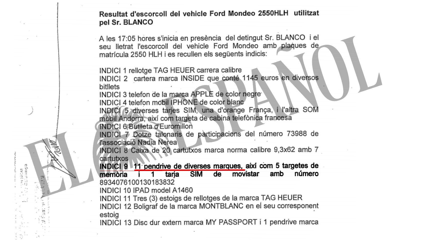 Acta del material localizado en el registro del coche.