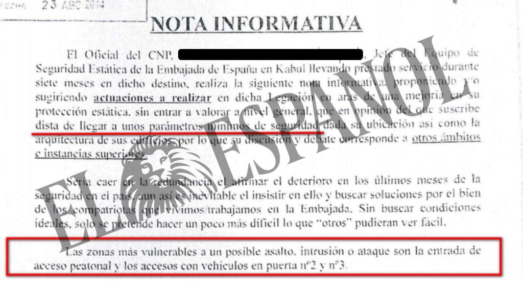 Informe enviado por el responsable de Seguridad de la embajada.