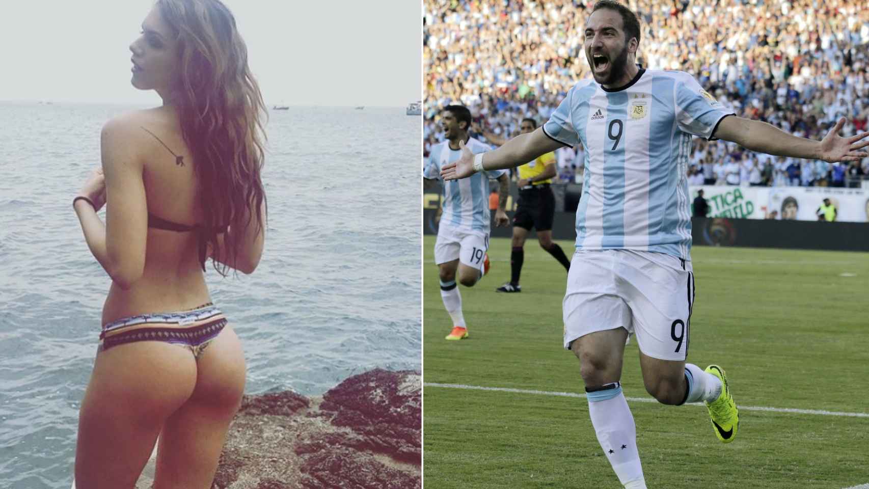 Antonella Fiordelisi en bikini y Gonzalo Higuaín en pleno partido de la Selección argentina.