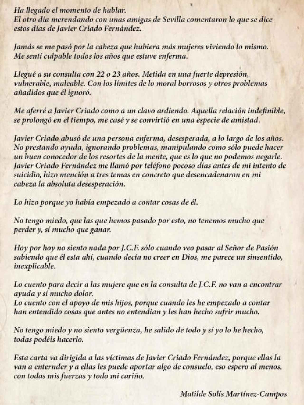 La carta íntegra de Matilde Solís.