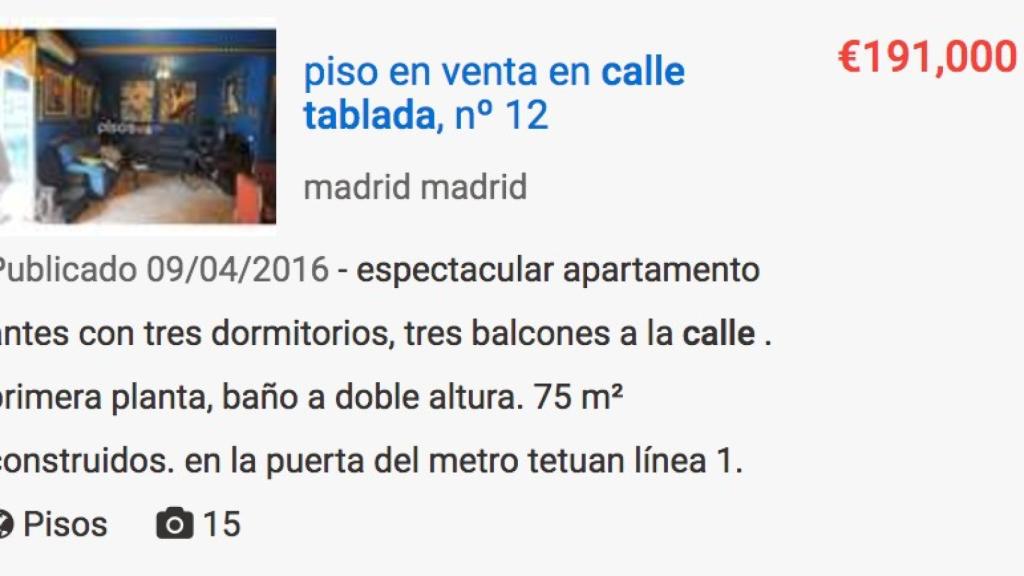 Anuncio del piso en venta de La Veneno.