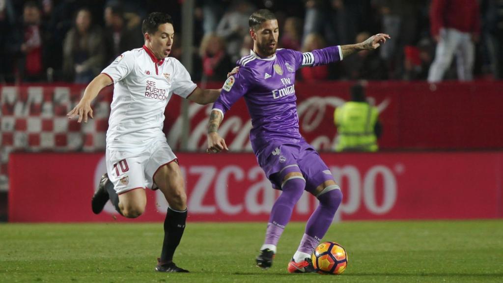 Sergio Ramos en el partido de este domingo en el Pizjuán.