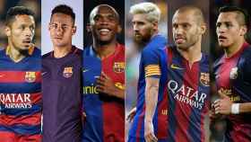 De izquierda a derecha: Adriano, Neymar, Eto'o, Messi, Mascherano y Adriano.