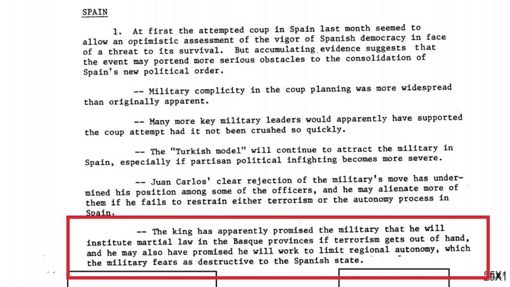 Extracto del documento de la CIA en el que se alude a la Ley Marcial.