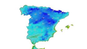 Mapa de temperaturas del miércoles 18/01/17 a las 22:00. Foto: www.eltiempo.es