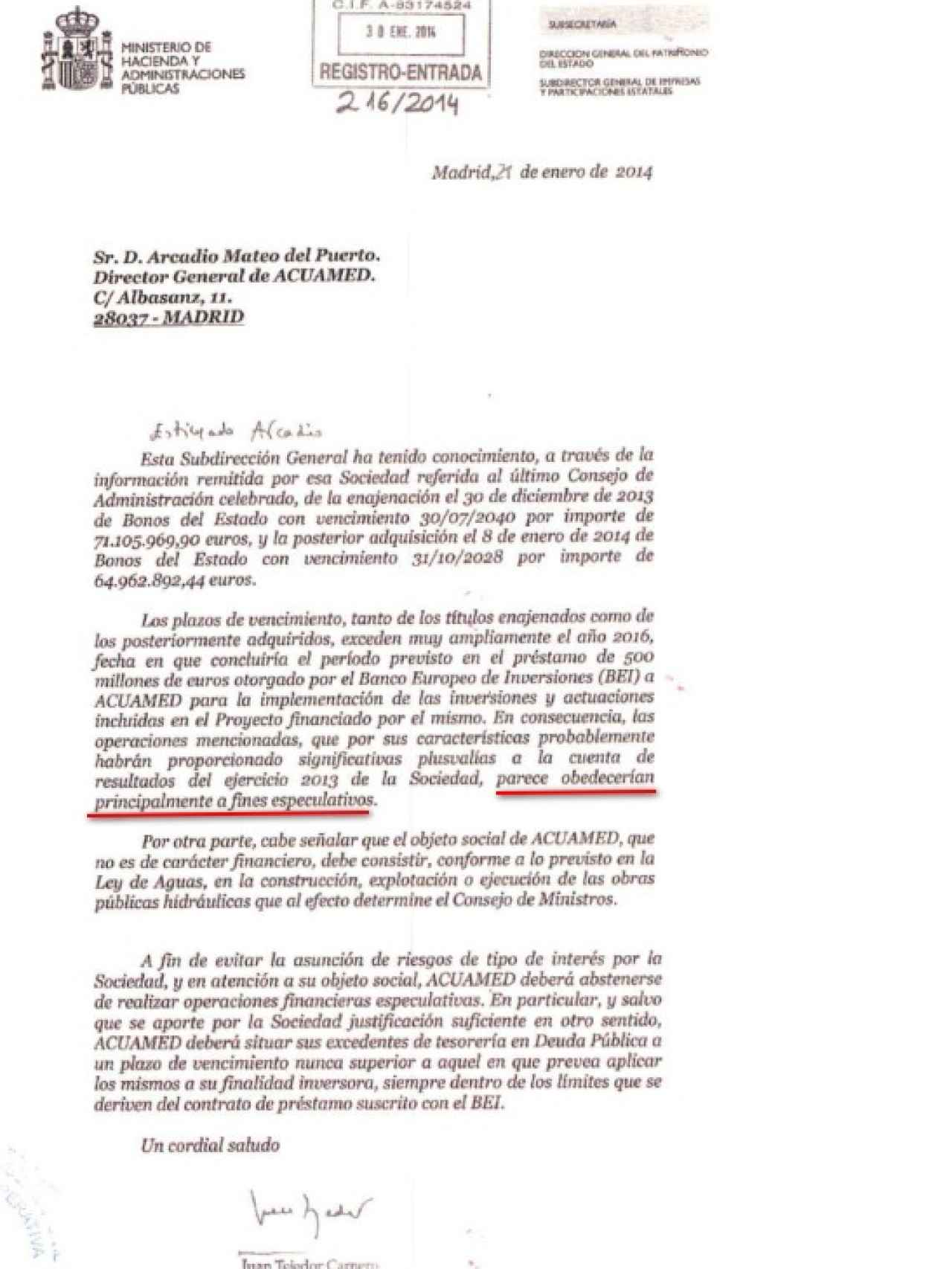 Carta remitida a Acuamed por parte de Hacienda.