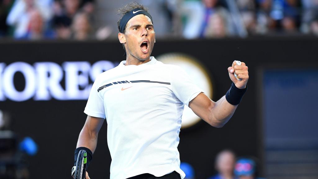 Nadal celebra su triunfo en tercera ronda de Australia.