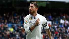 Ramos celebra su primer gol ante el Málaga.