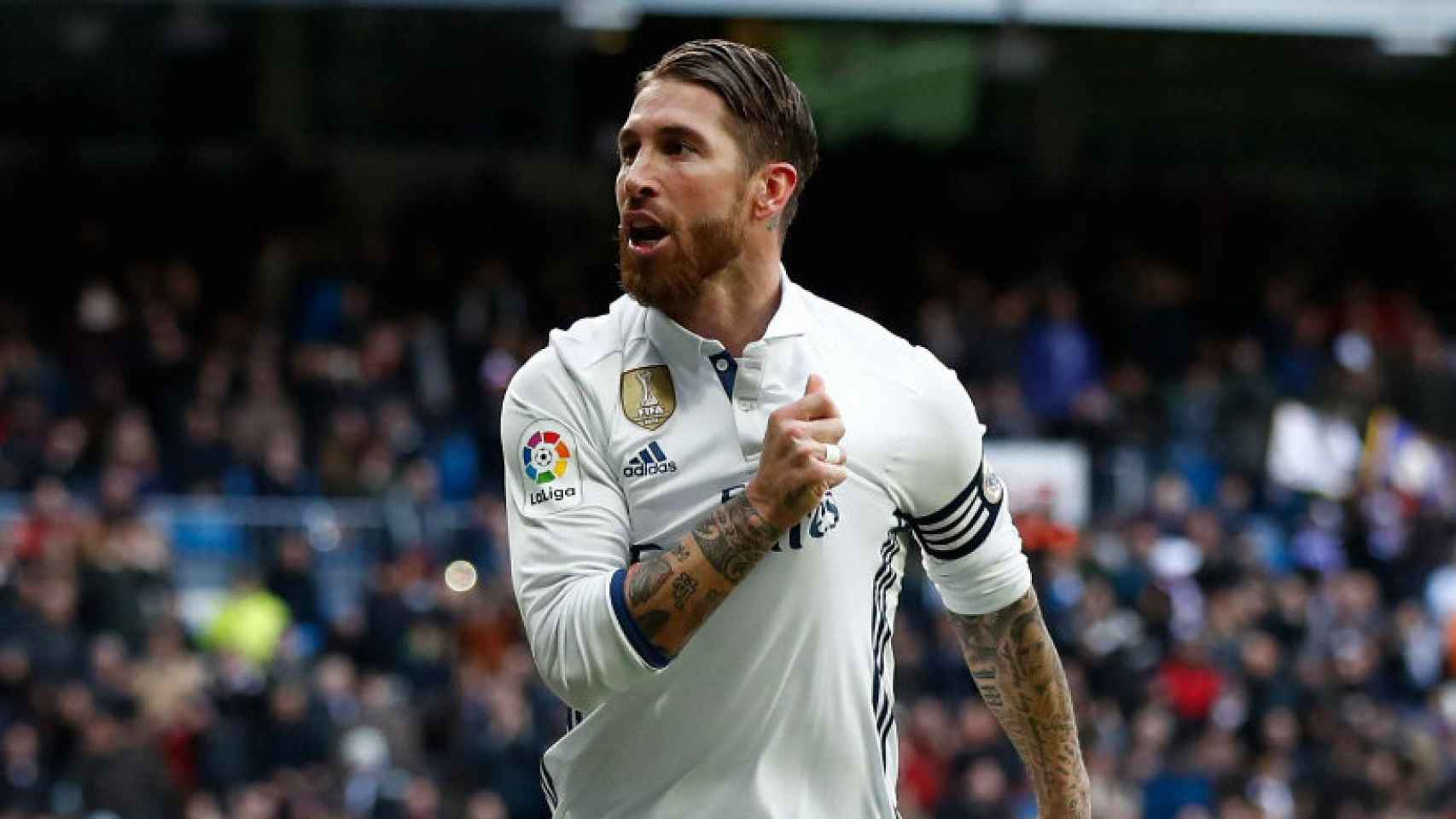 Ramos celebra su primer gol ante el Málaga.
