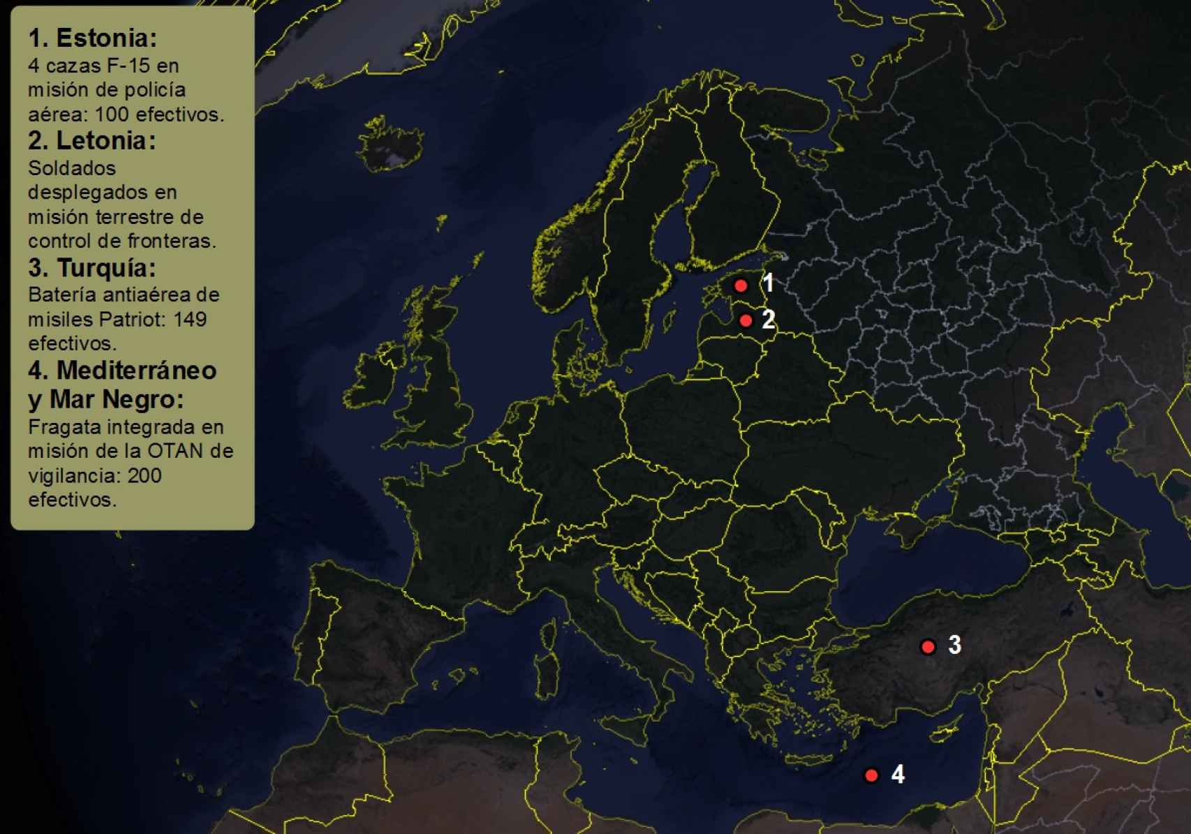 Mapa del despliegue de las tropas españolas que controlan los movimientos de Rusia.