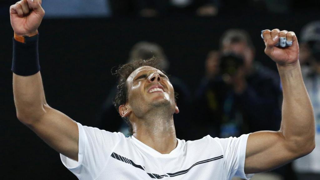 Nadal festejando la victoria contra Dimitrov.