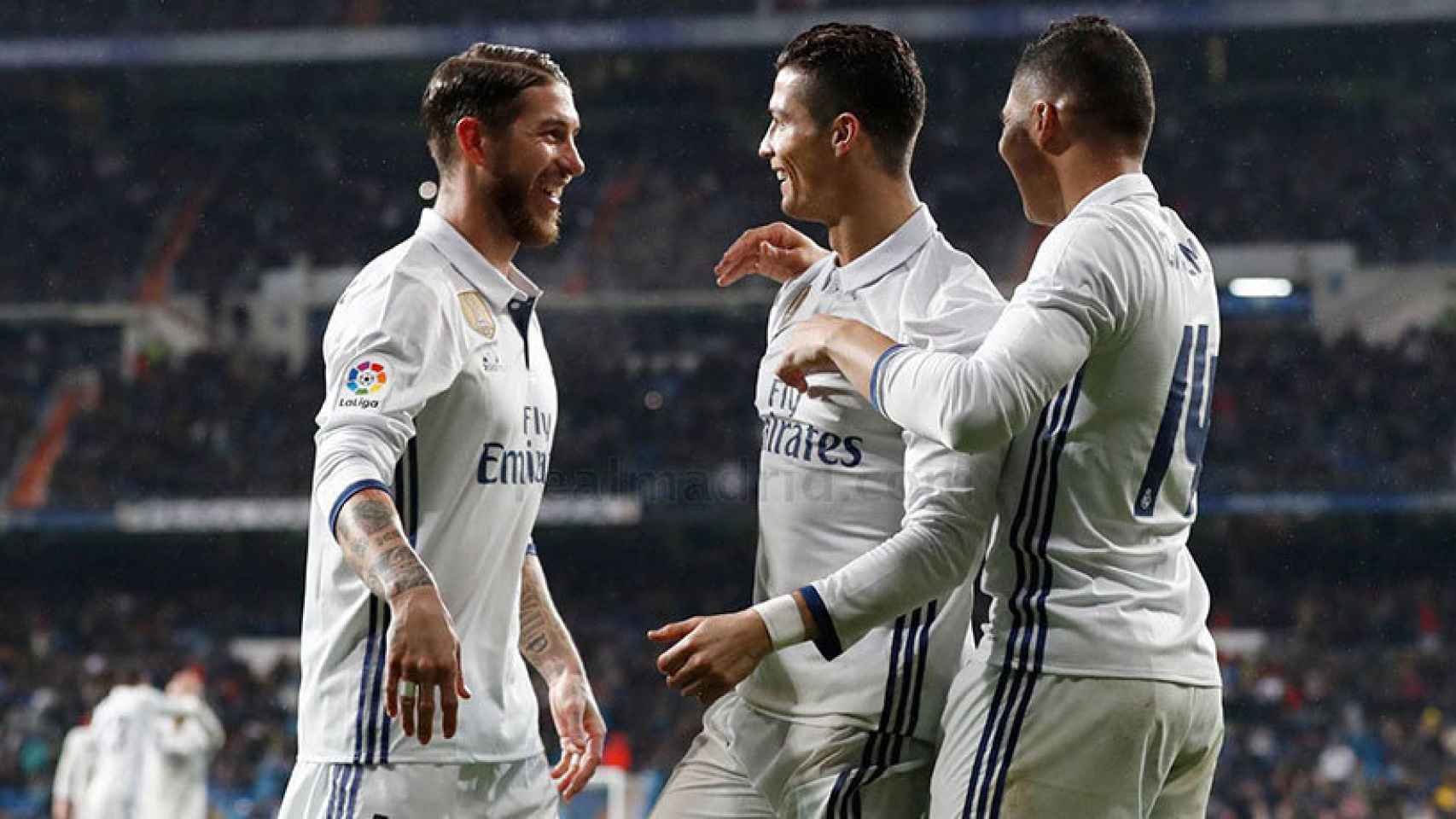 Cristiano Ronaldo, Casemiro y Sergio Ramos celebran un gol