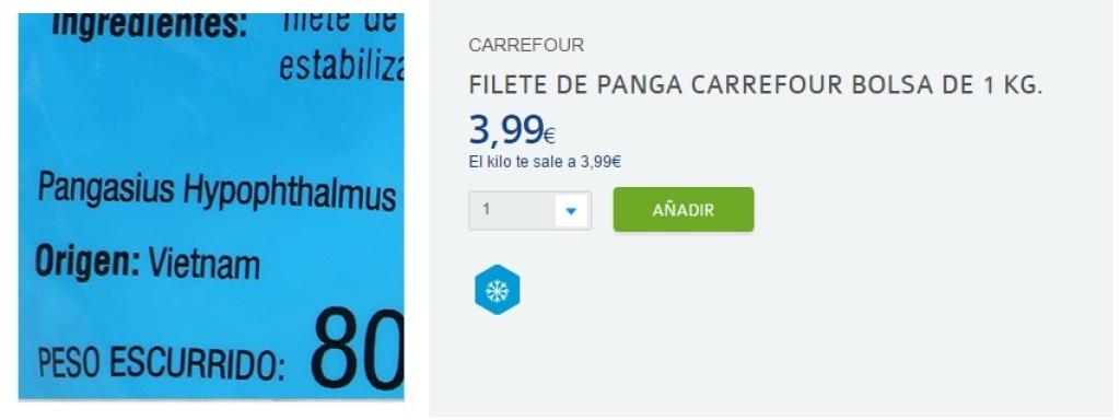 Anuncio de panga, origen Vietnam, en Carrefour.