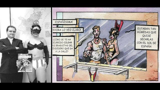 Carles Recio y la modelo que interpretó a Fallarela, junto con una viñeta de Españísima