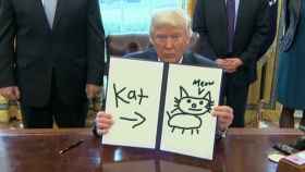 Trump, orgullosísimo después de haber pintado un gato en el Despacho Oval.