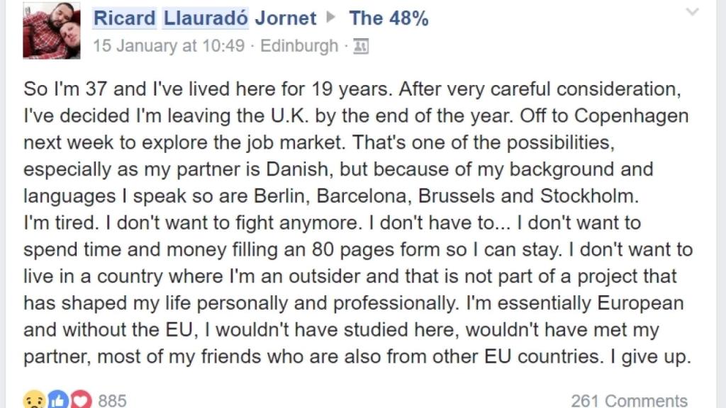 Captura de una de las quejas que Ricard Llauradó ha vertido en sus redes sociales sobre la situación que está viviendo en el Reino Unido.