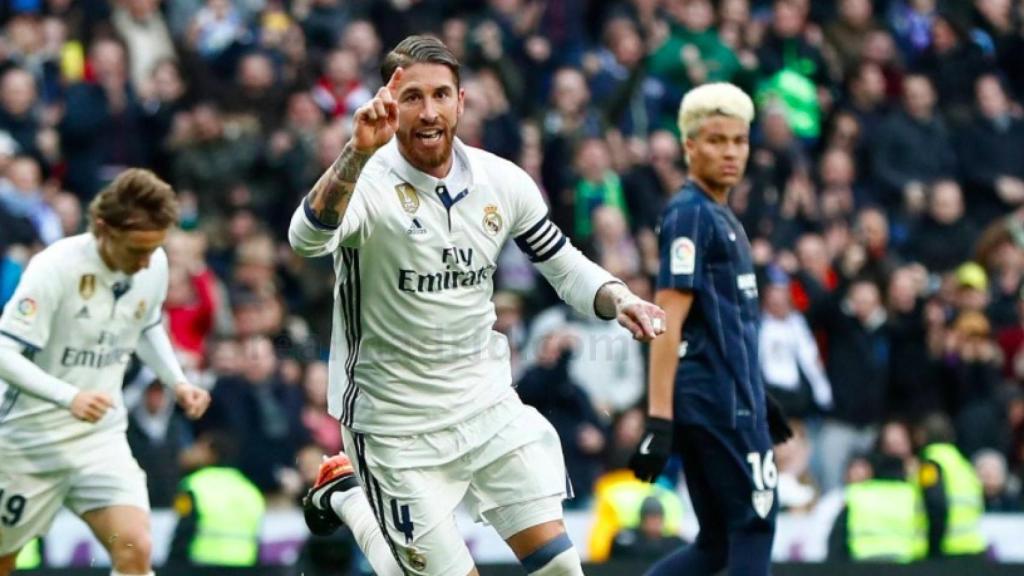 Sergio Ramos celebra su primer tanto ante el Málaga. Foto: Real Madrid (realmadrid.com)