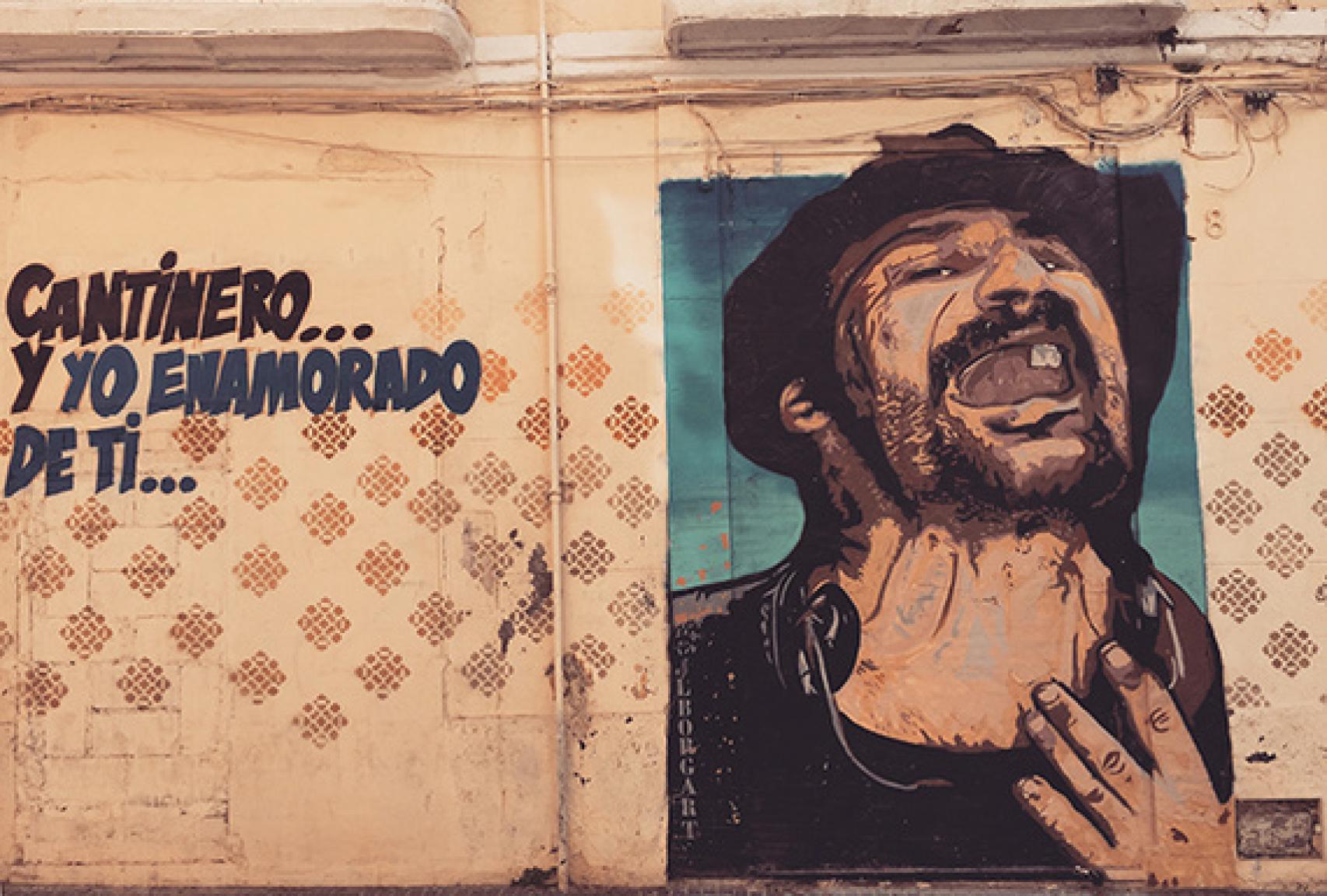 Grafiti del barrio Lagunillas. Uno de los personajes míticos de Málaga: el cantinero, el Príncipe Gitano.