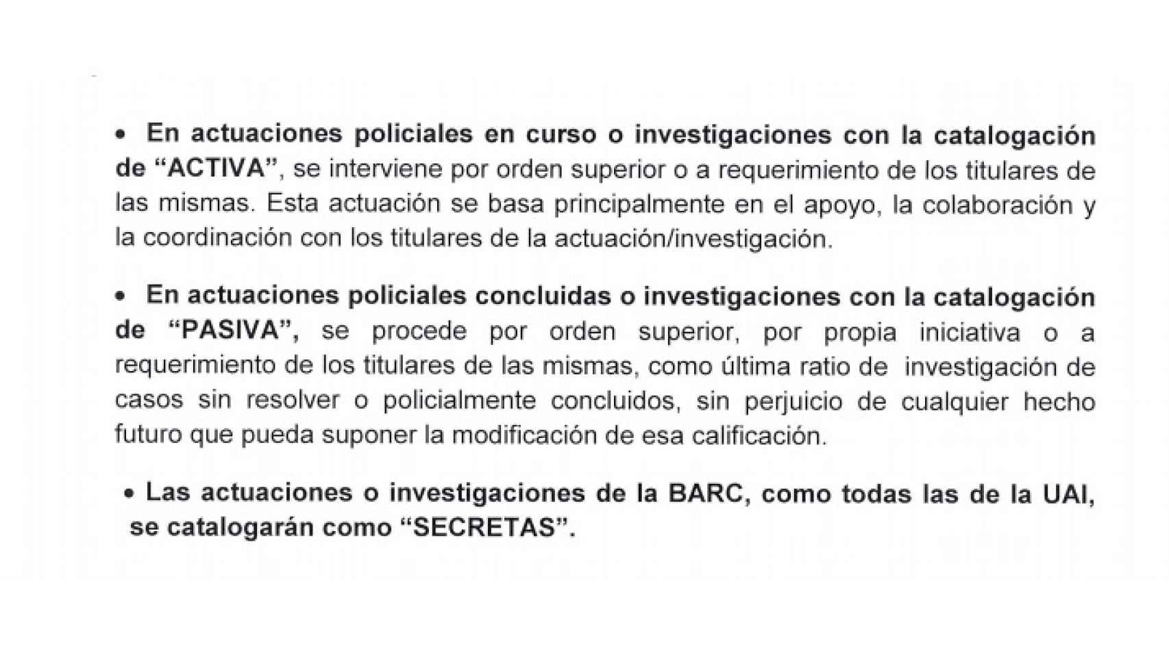 Extracto del oficio en el que Pino establecía las funciones de la BARC.