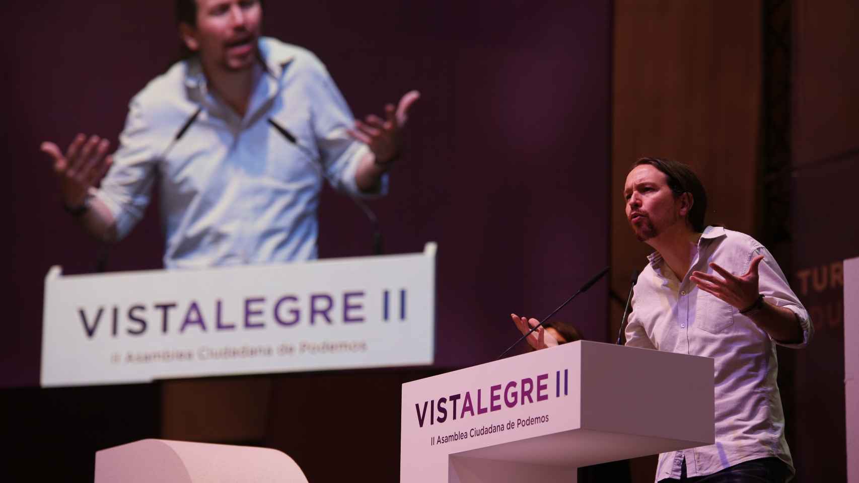 El secretario general de Podemos, Pablo Iglesias, en su intervención en Vistalegre 2.