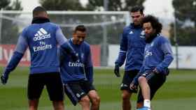Marcelo, Pepe, Casemiro y Danilo en el entrenamiento