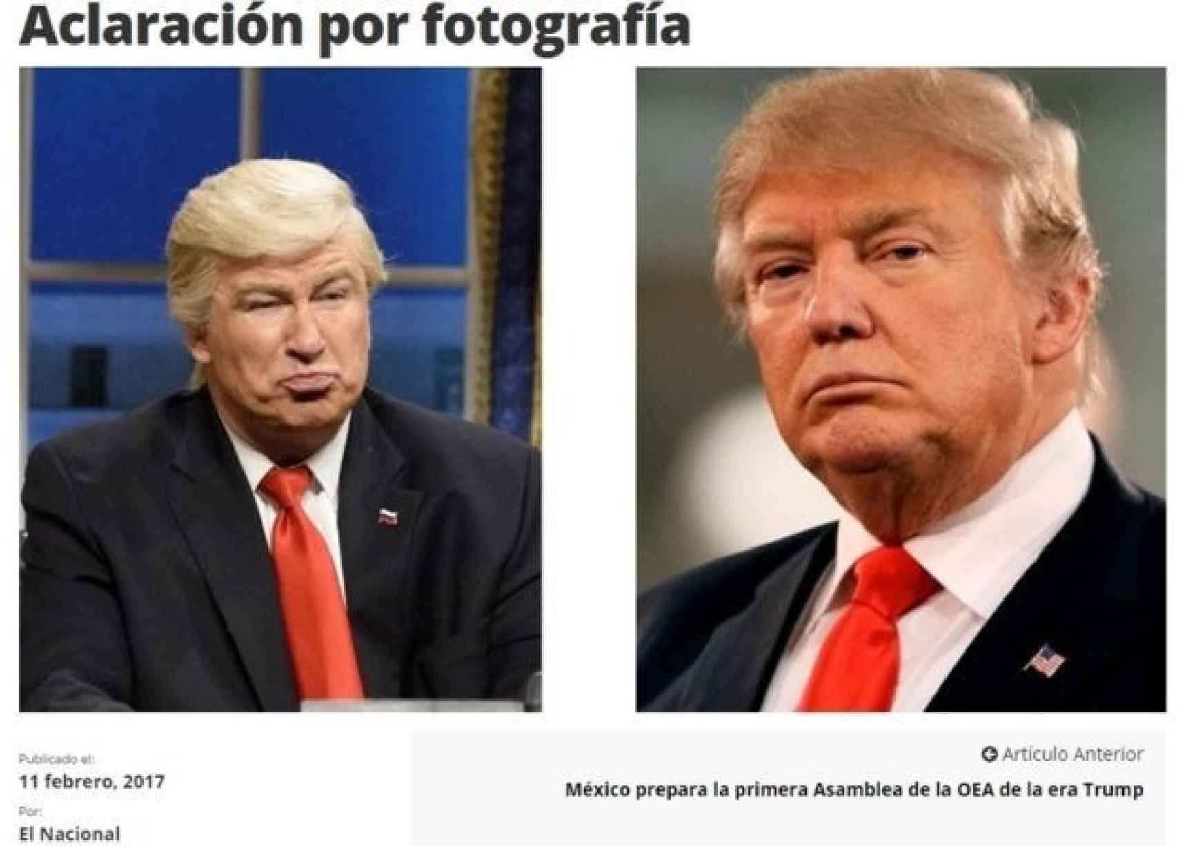 Las fotos de Baldwin y Trump ilustran la disculpa publicada por 'El Nacional'.