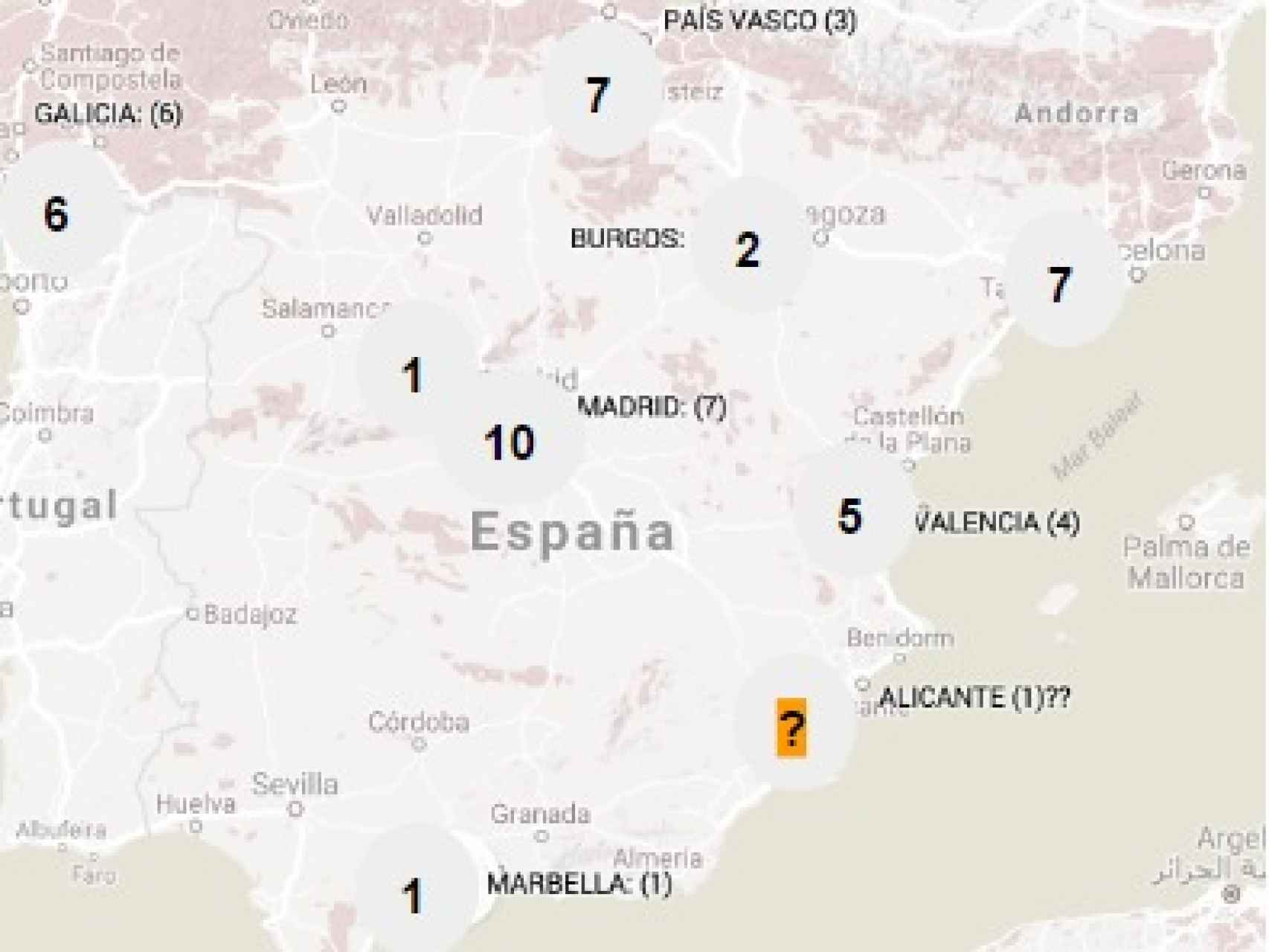 Localización de algunas de las víctimas de Rodrigo Nogueira en España.