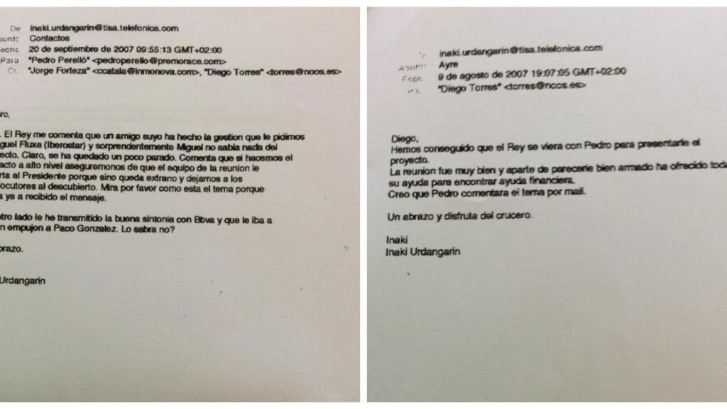 A la izquierda, otro correo que prueba que don Juan Carlos está al corriente de los movimientos del Instituto Nóos. A la derecha, otro mail en el que Urdangarin le explica a su socio Diego Torres que el regatista Pedro Perelló consiguió reunirse con el rey.