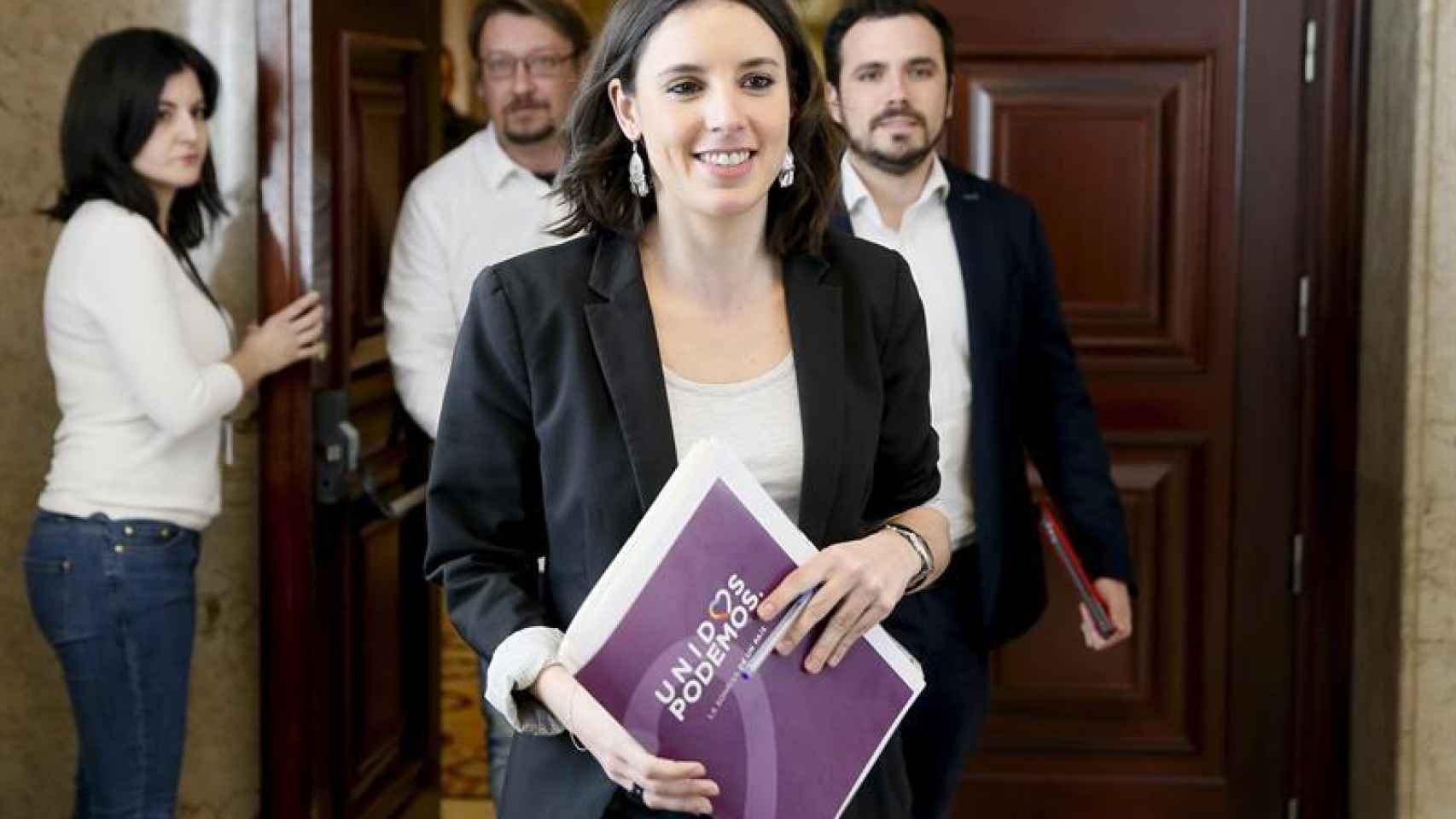 Irene Montero acude a su primera Junta como portavoz de Podemos en el Congreso.