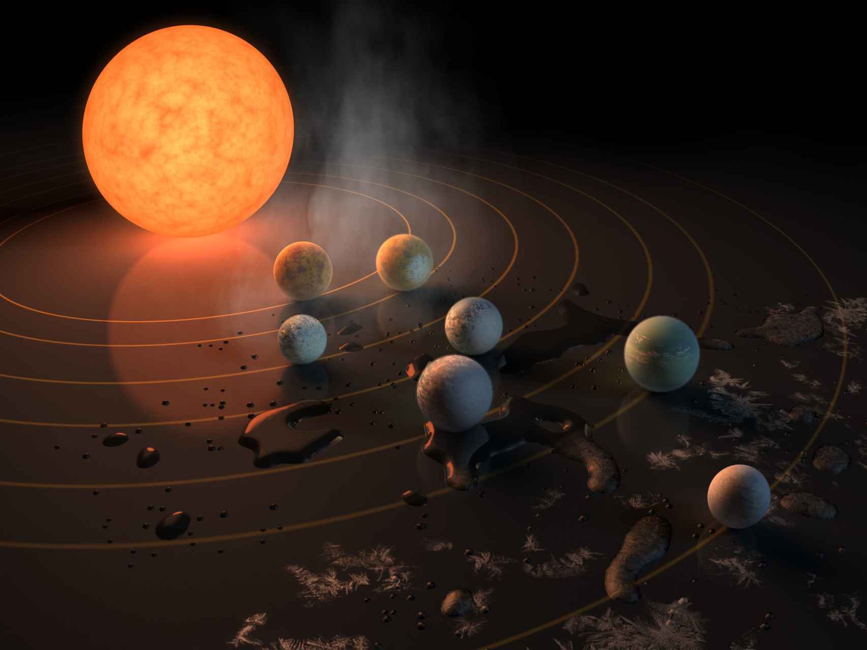 La estrella TRAPPIST-1, enana y superfría, tiene siete planetas del tamaño de la Tierra orbitándola.