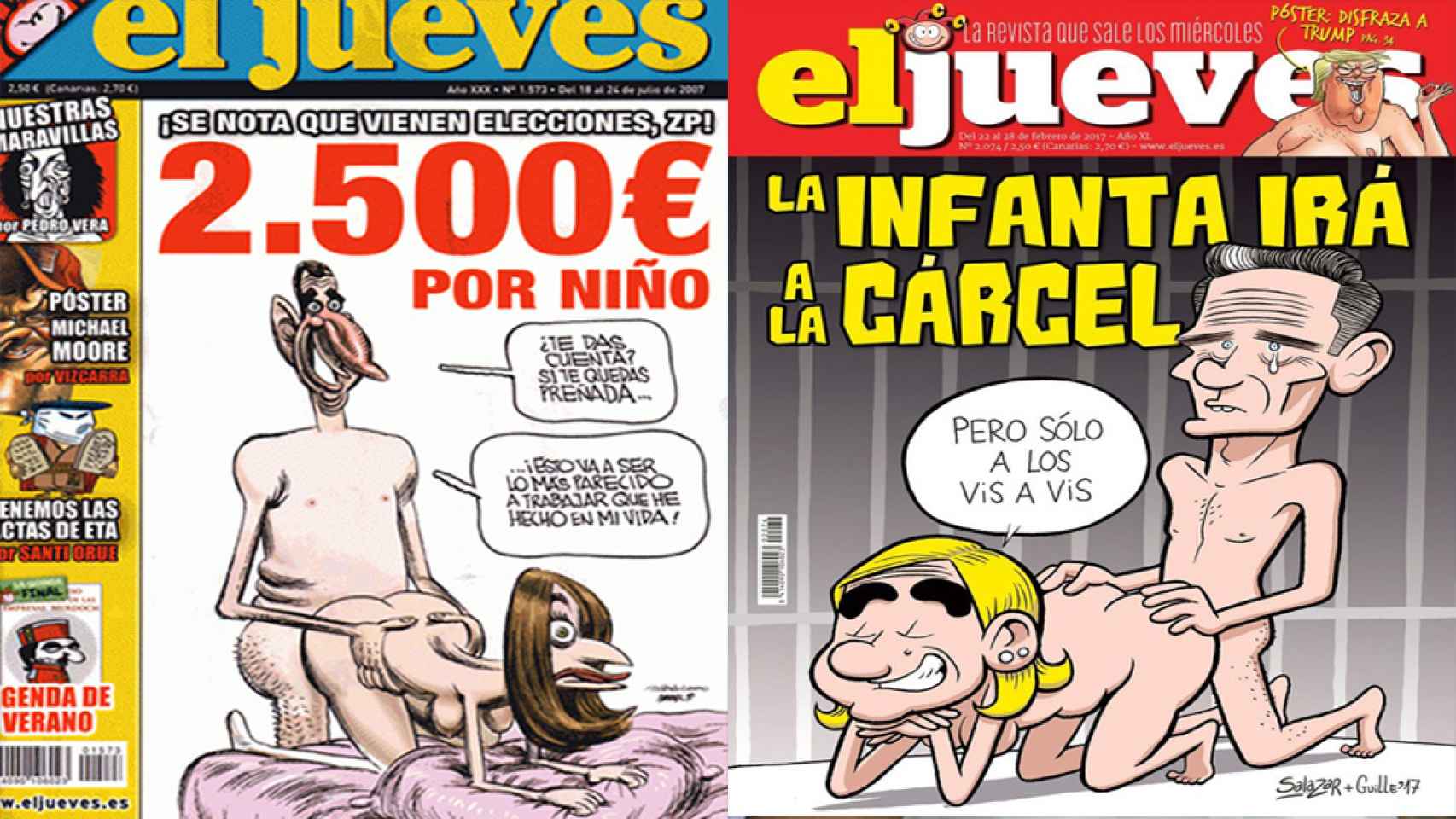 A la izquierda, una portada de El Jueves de hace diez años. A la derecha, la del último número de la revista.