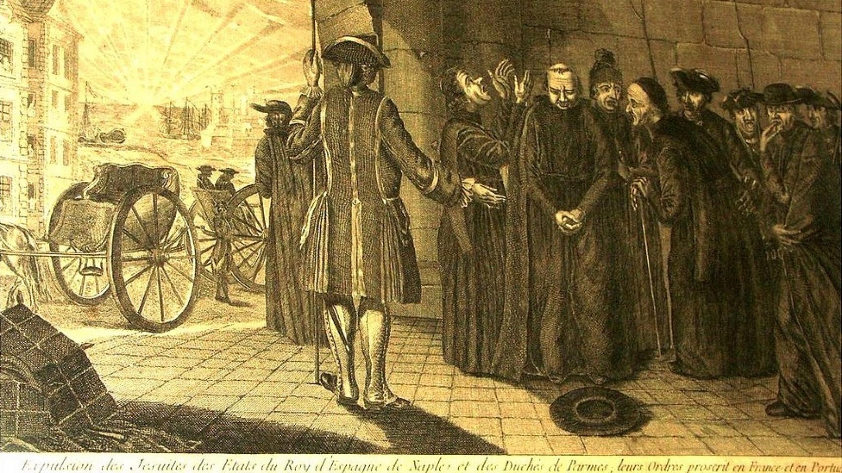 Expulsión y embarque de los jesuitas de los estados de España, por orden de Su Majestad Católica el 31 de marzo de 1767, grabado francés.