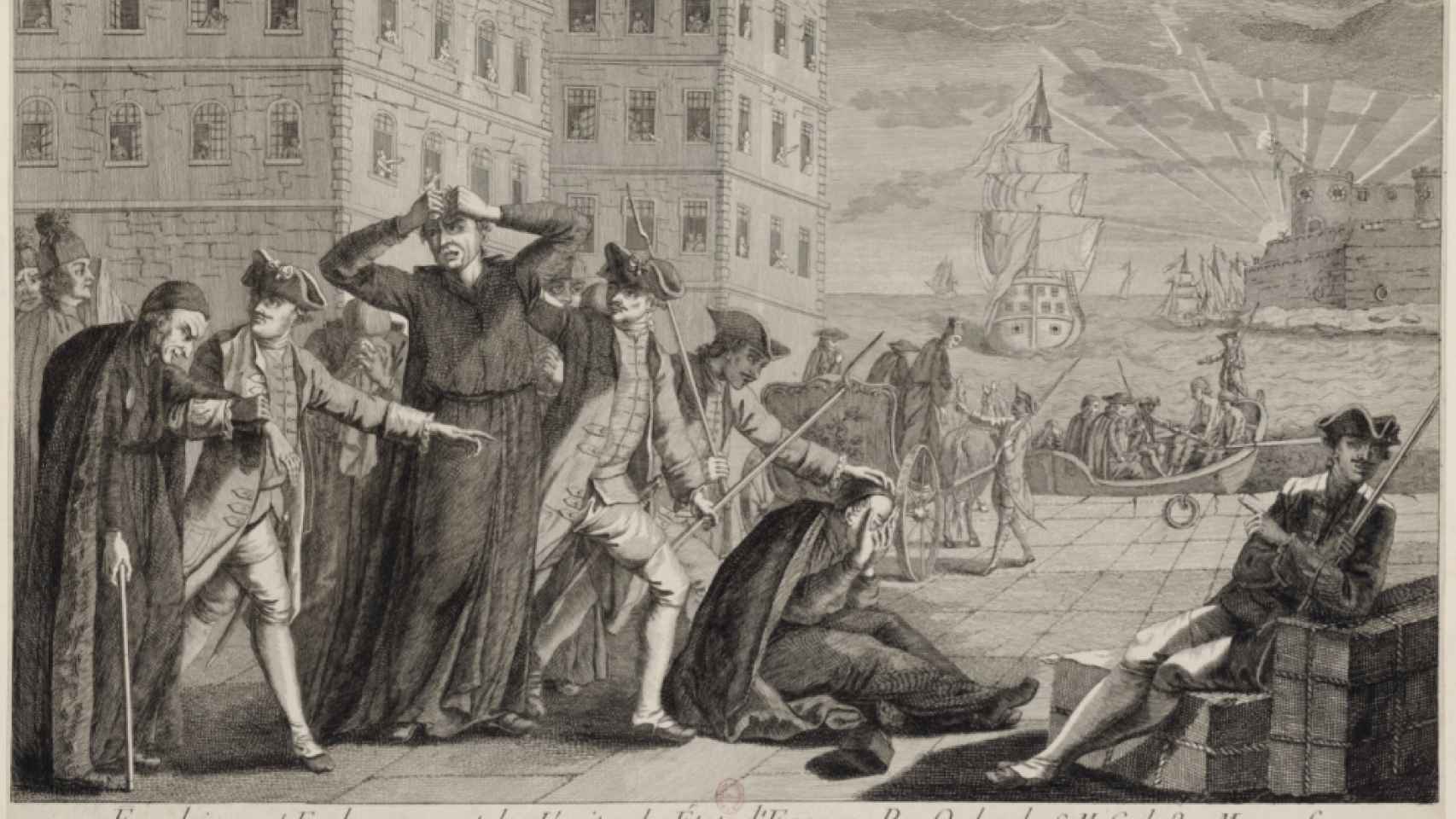 Expulsión y embarque de los jesuitas de los estados de España, por orden de Su Majestad Católica el 31 de marzo de 1767, grabado francés .