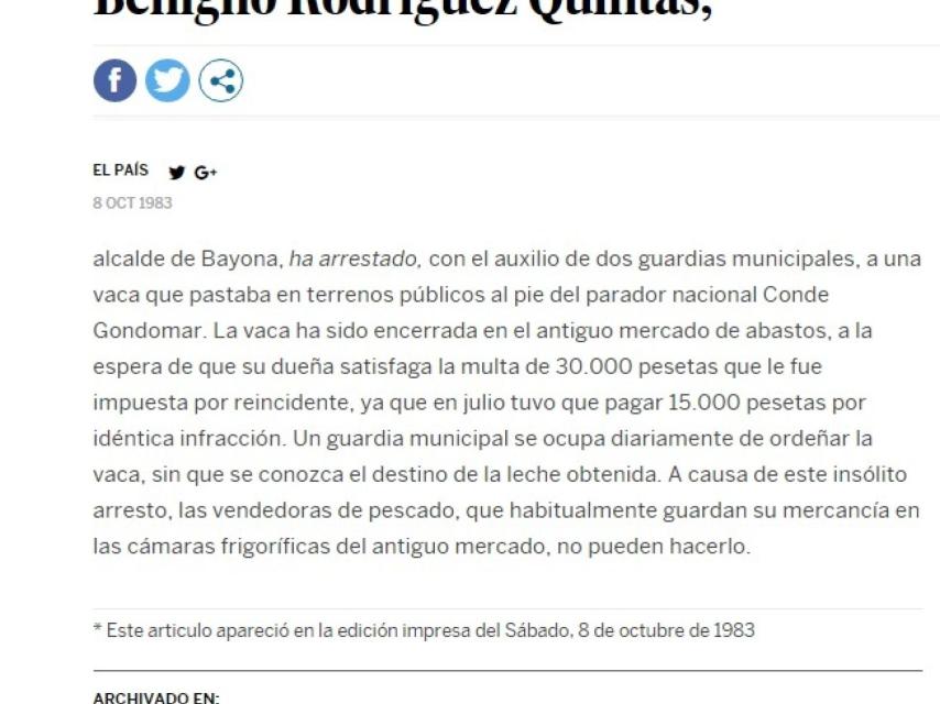 El País se hacía eco de la noticia de la detención de la vaca en el año  1983.