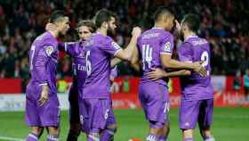 El Madrid celebra un gol ante el Sevilla