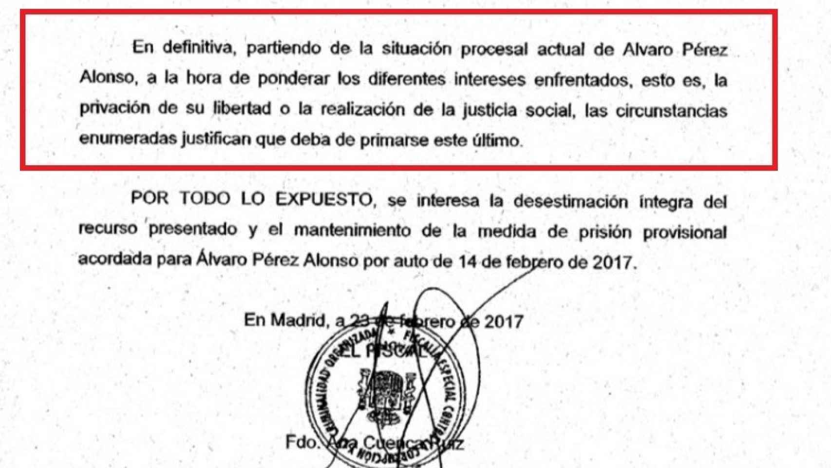 El escrito de Fiscalía alegando la justicia social contra Álvaro Pérez.